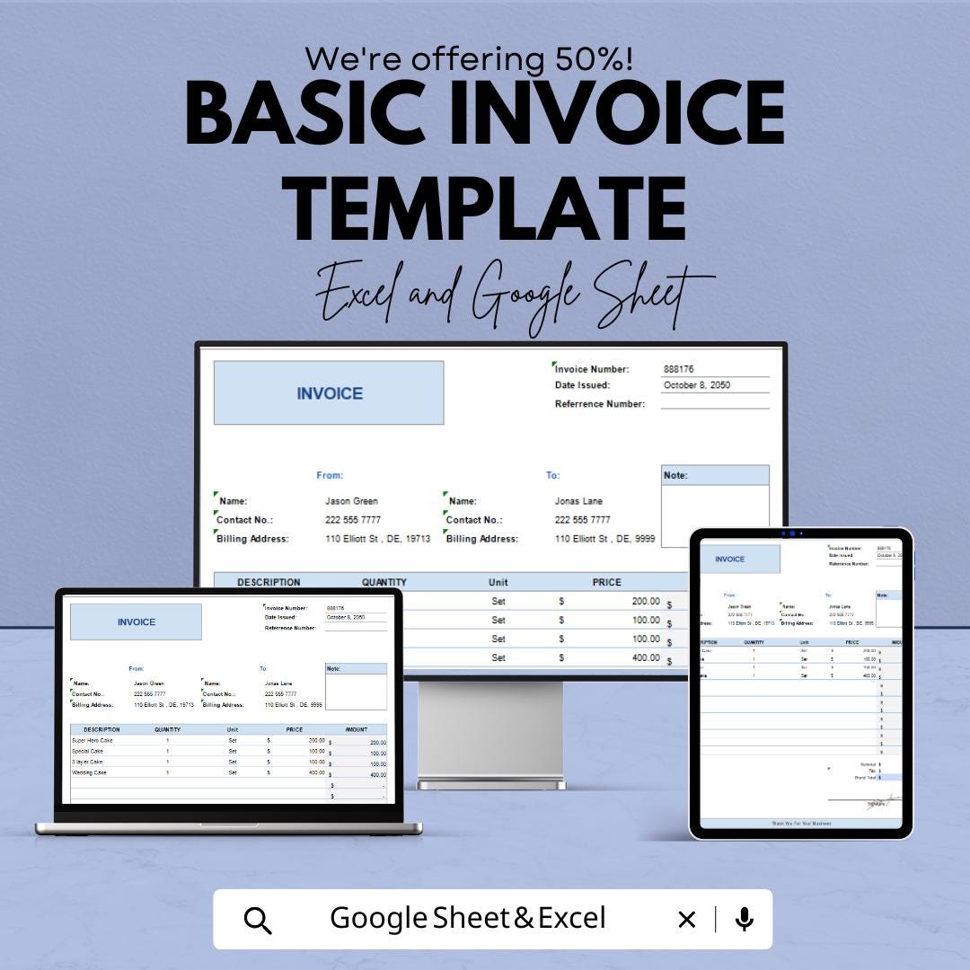 Basic Invoice Template | Business Billing Spreadsheet | Printable Invoice Form | Small Business Invoice Template