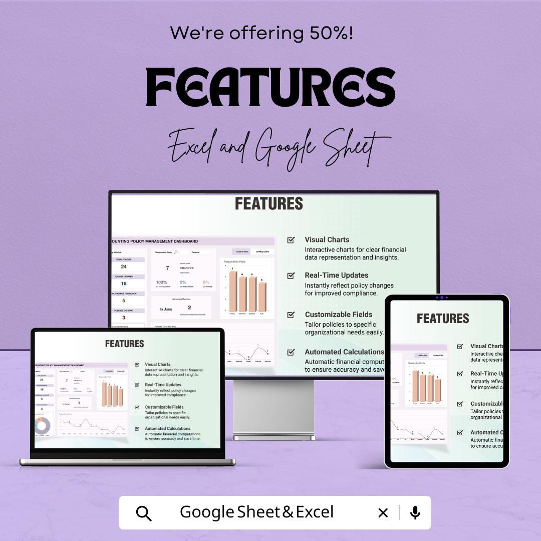 Accounting Policy Management Dashboard Template | Policy Tracker | Compliance Dashboard | Finance Spreadsheet | Editable Template