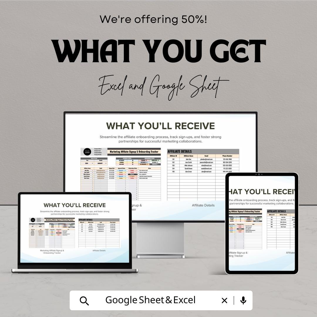 Marketing Affiliate Signup & Onboarding Tracker Template | Affiliate Program Management | Partner Tracking sheet | Business CRM Template
