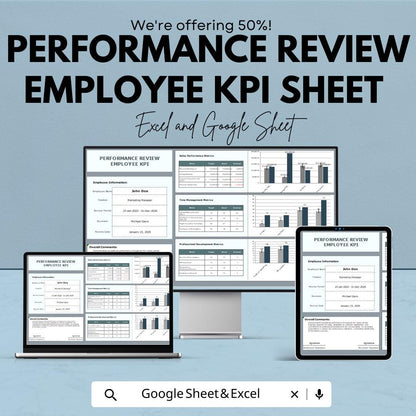 Performance Review Employee KPI Sheet | KPI Dashboard | Staff Evaluation Template | HR Google Sheet & Excel | Employee Performance Tracker
