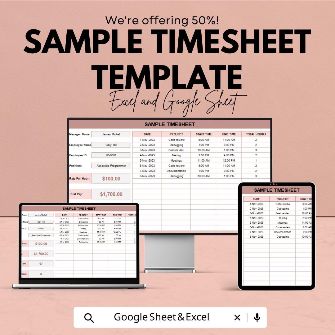 Sample Timesheet Template | Employee Work Hours Log | Time Tracking Sheet | Payroll Timesheet | Editable Work Log