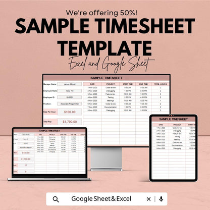 Sample Timesheet Template | Employee Work Hours Log | Time Tracking Sheet | Payroll Timesheet | Editable Work Log