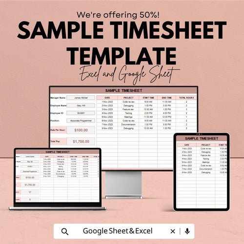 Sample Timesheet Template | Employee Work Hours Log | Time Tracking Sheet | Payroll Timesheet | Editable Work Log