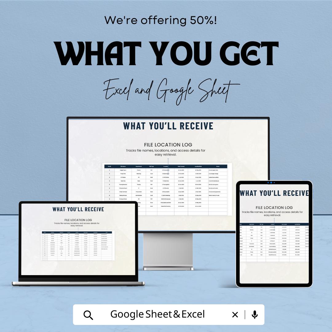 Administration File Location Directory Template, Excel & Google Sheets File Tracker, Office File Index, Document Management Spreadsheet