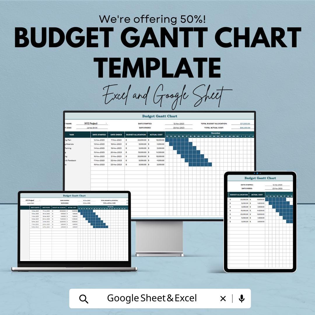 Budget Gantt Chart Template | Excel and Google Sheets Project Budget Planner | Expense Tracker Spreadsheet | Project Timeline Chart