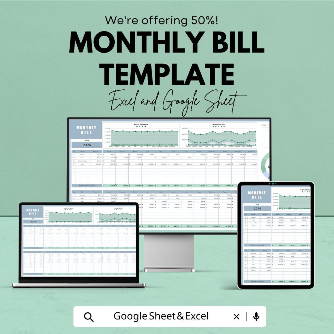 Monthly Bill Template | Monthly Bill Tracker Spreadsheet | Budget Planner Sheet | Expense Tracker Template | Excel & Google Sheets |