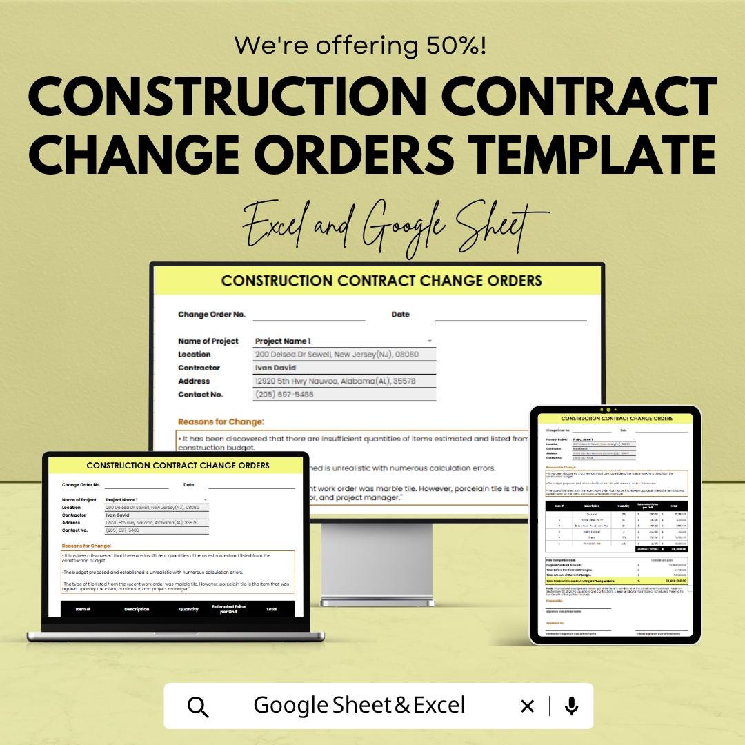 Construction Contract Change Order Template | Change Order Form Spreadsheet | Contractor Change Order Tracker | Excel & Google Sheets |