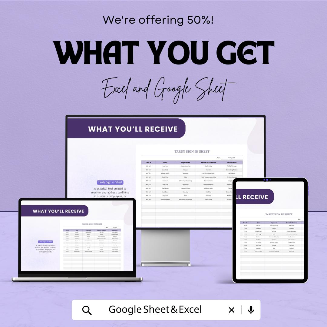 Tardy Sign In Sheet – Excel & Google Sheet Template for Tracking Employee or Student Tardiness | Customizable Attendance Tracker