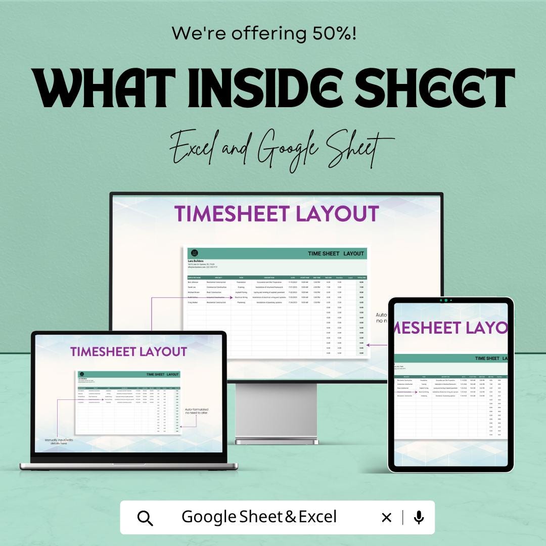 Timesheet Layout Template | Employee Timesheet Spreadsheet | Work Hours Tracker Template | Payroll Time Log Sheet