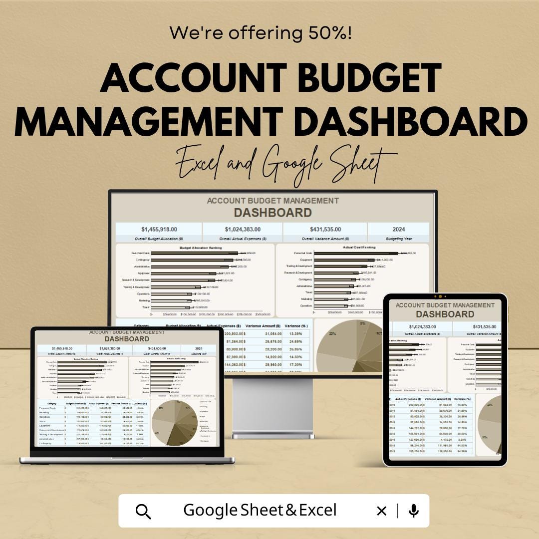 Account Budget Management Dashboard Template - Track Expenses & Income | Budget Planner and Financial Management Sheet | Customizable
