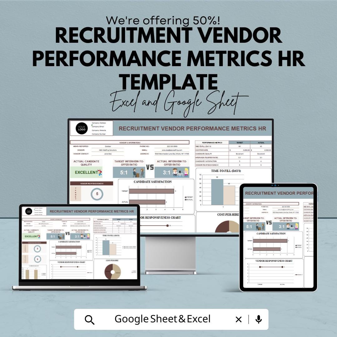 Recruitment Vendor Performance Metrics HR Template | Vendor KPI Dashboard for Excel and Google Sheets | HR Analytics & Reporting Tool