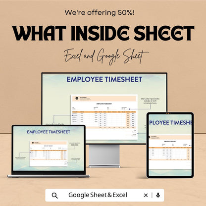 Employee Timesheet Template | Timesheet Spreadsheet | Work Hours Tracker | Payroll Template | Excel & Google Sheets | Staff Time Log Sheet