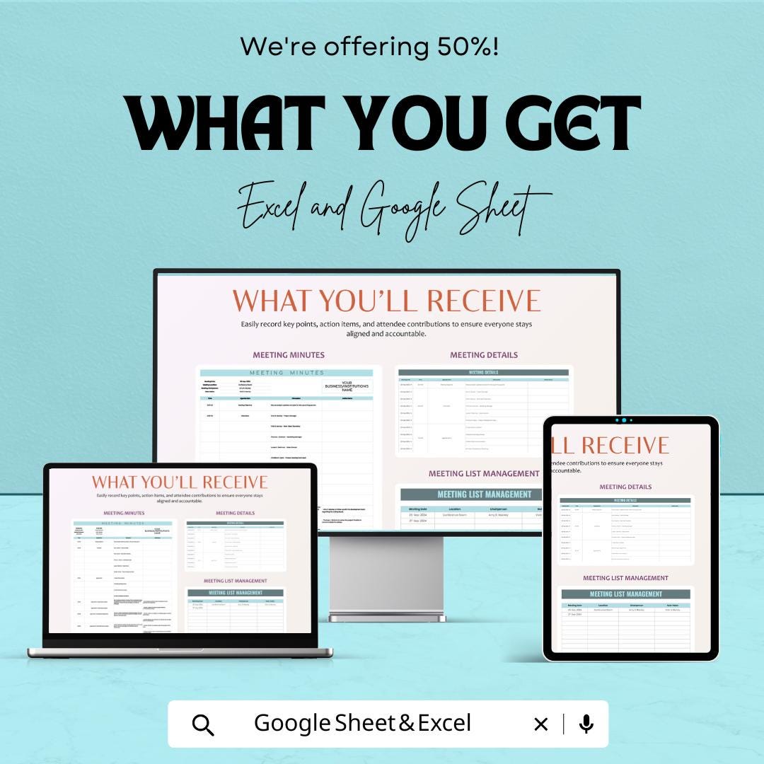 Meeting Minutes Sheet - Editable Excel and Google Sheet Template for Efficient Meeting Documentation, Customizable & Easy to Use