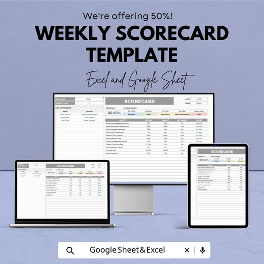 Weekly Scorecard Template | KPI Tracker Spreadsheet | Performance Dashboard | Excel & Google Sheets | Weekly Metrics Tracker