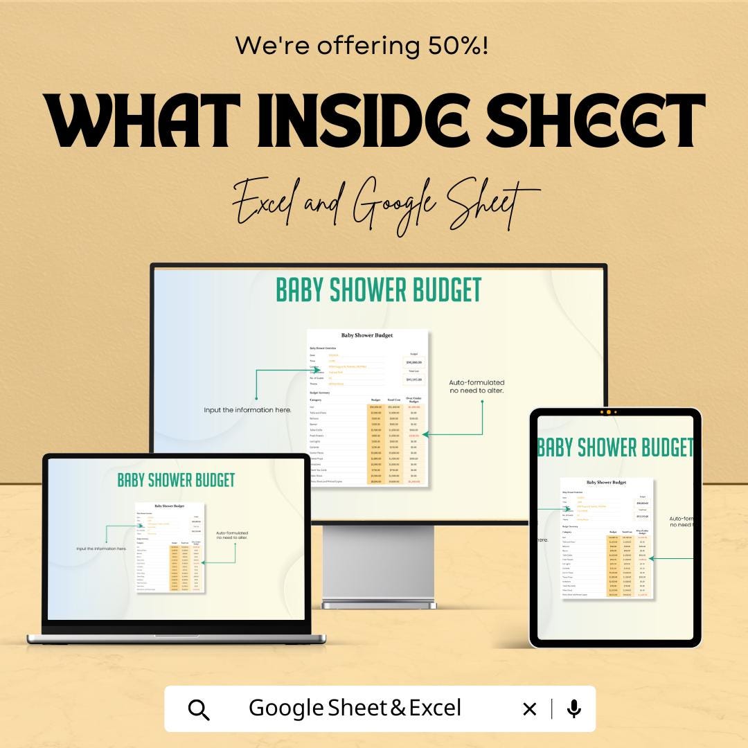 Baby Shower Budget Sheet | Excel & Google Sheets Template | Event Planner Budget Tracker | Printable Baby Shower Organizer