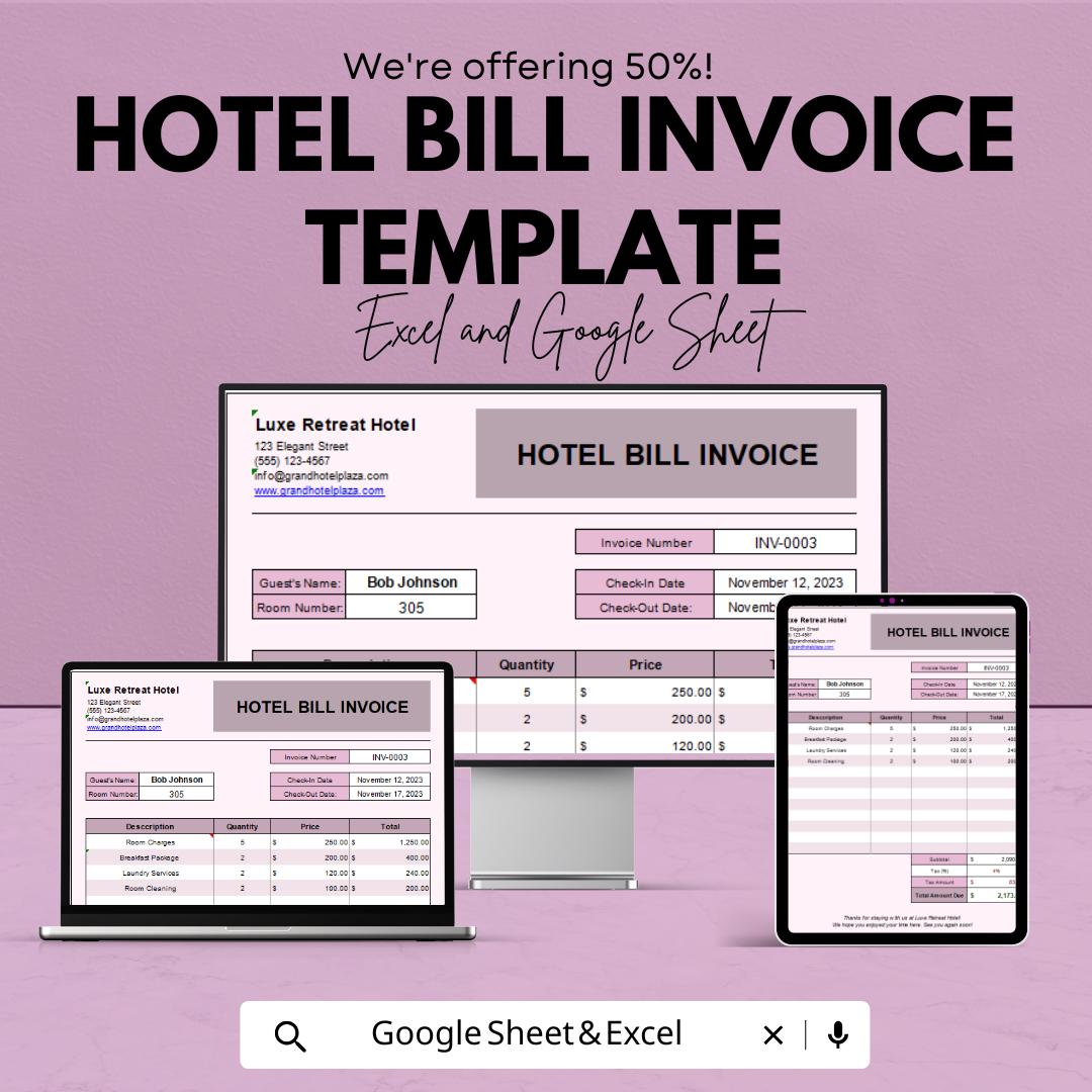 Hotel Bill Invoice Template | Hotel Receipt Template | Editable Invoice for Guests | Hotel Accounting & Billing Form