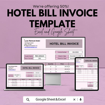 Hotel Bill Invoice Template | Hotel Receipt Template | Editable Invoice for Guests | Hotel Accounting & Billing Form