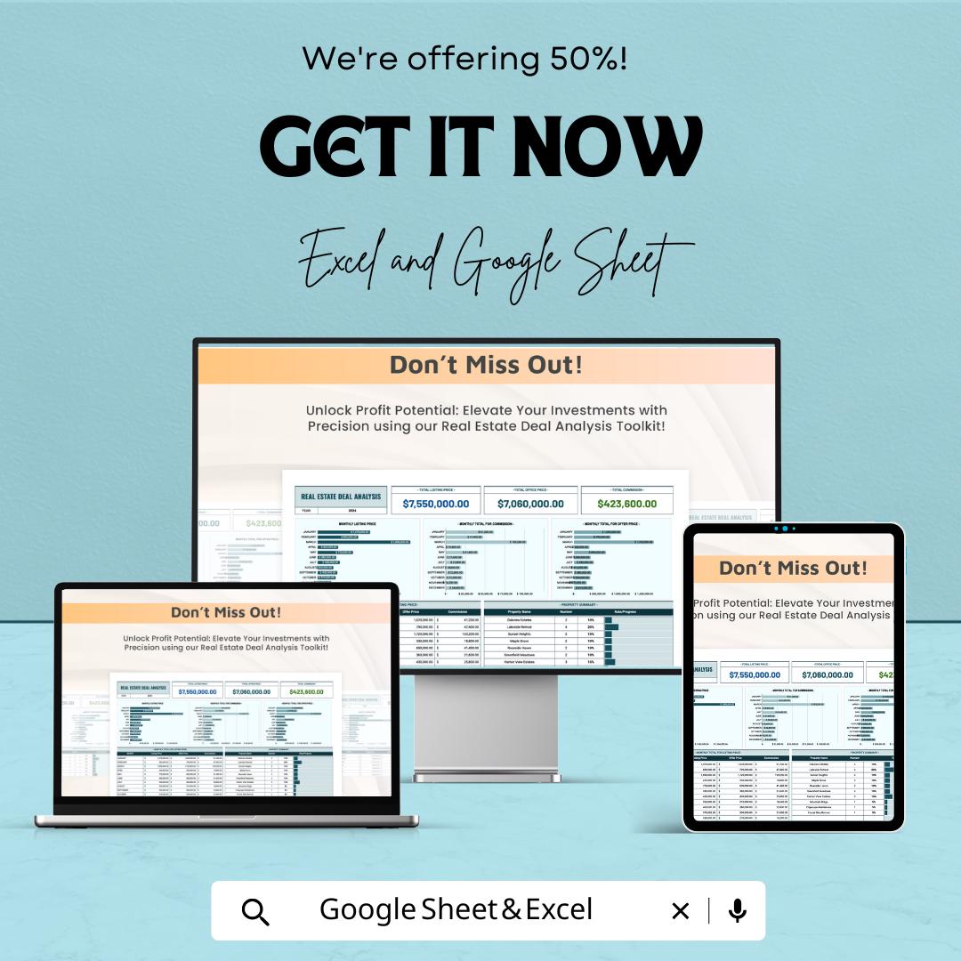Real Estate Deal Analysis Template | Property Investment Analysis Spreadsheet | Real Estate ROI Calculator | Excel & Google Sheets