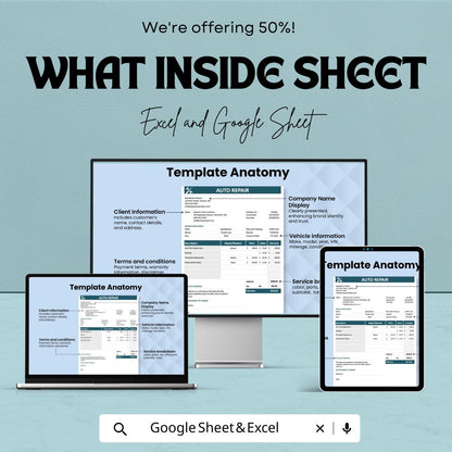 Sample Auto Repair Estimate Sheet | Excel & Google Sheet Template | Auto Repair Service Invoice | Customizable Vehicle Repair Estimate