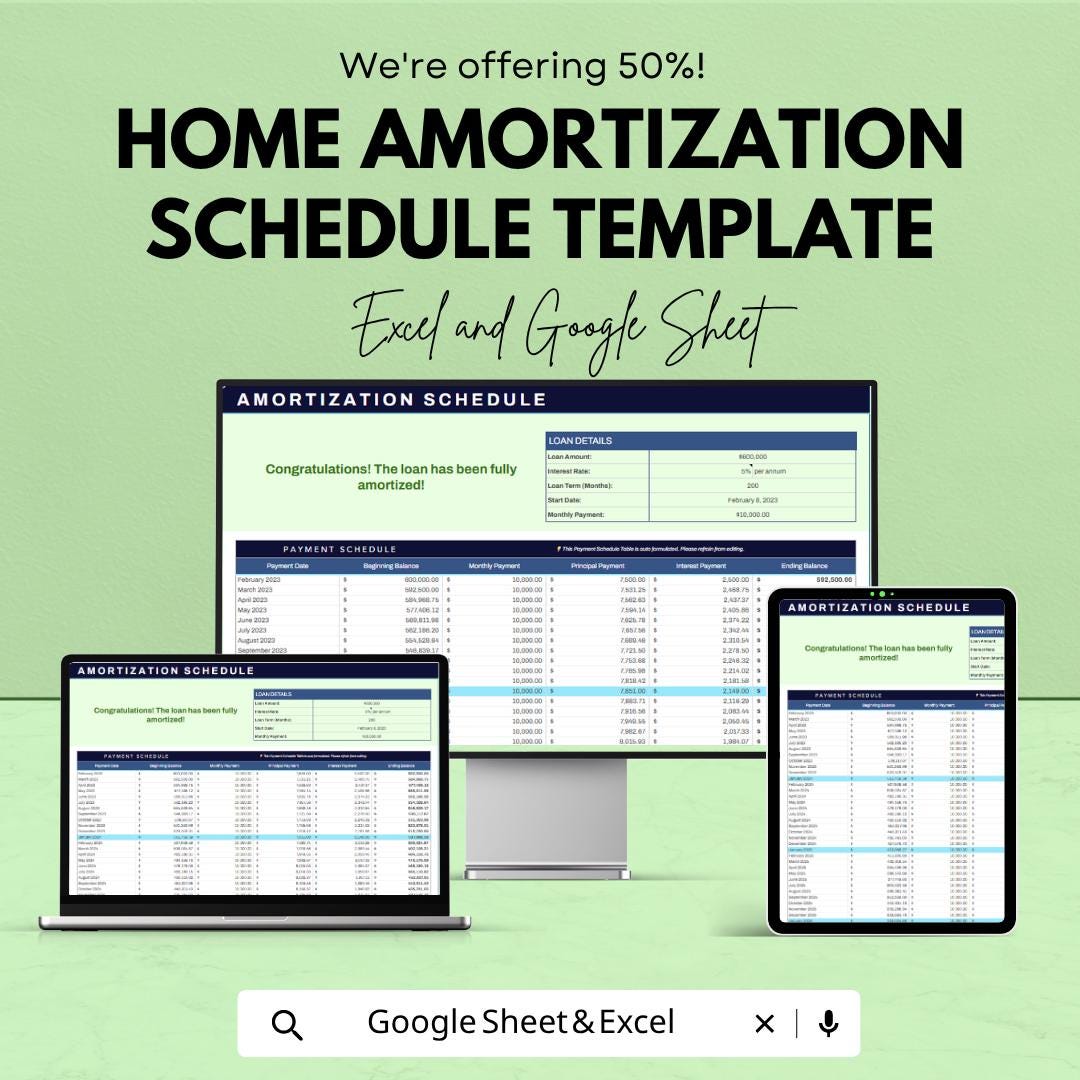 Home Amortization Schedule Template | Loan Payment Tracker | Mortgage Calculator Sheet | Excel & Google Sheets
