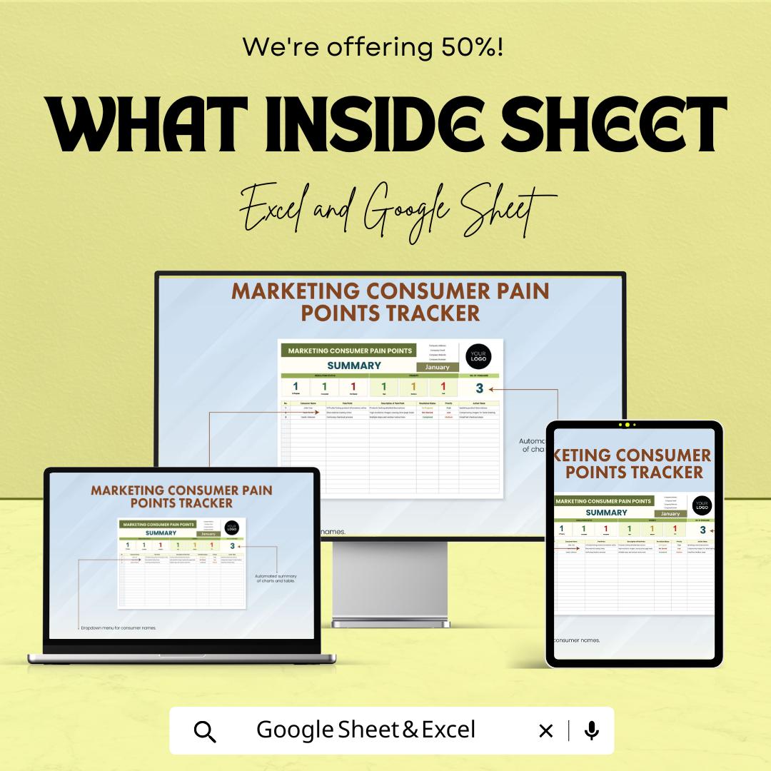 Marketing Consumer Pain Points Tracker Sheet | Customer Feedback Template | Excel & Google Sheets | Marketing Strategy Tool