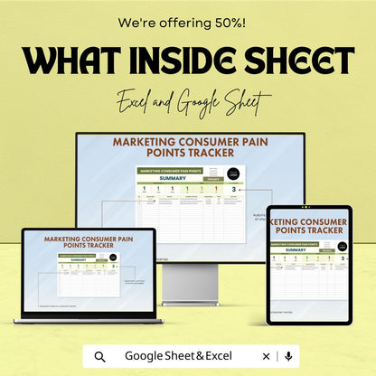 Marketing Consumer Pain Points Tracker Sheet | Customer Feedback Template | Excel & Google Sheets | Marketing Strategy Tool