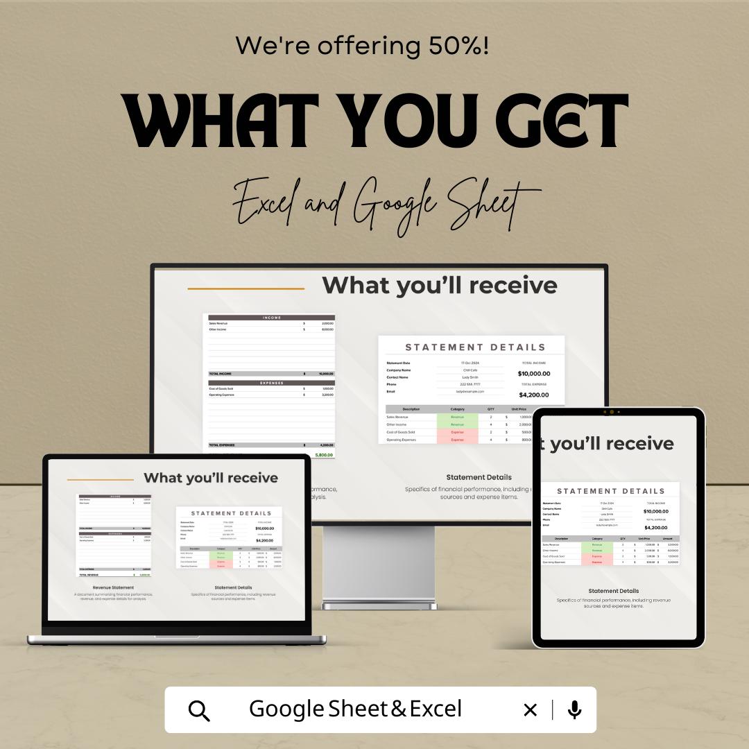 Revenue Statement Template | Excel & Google Sheets Income Statement | Business Revenue Tracker | Financial Statement Spreadsheet