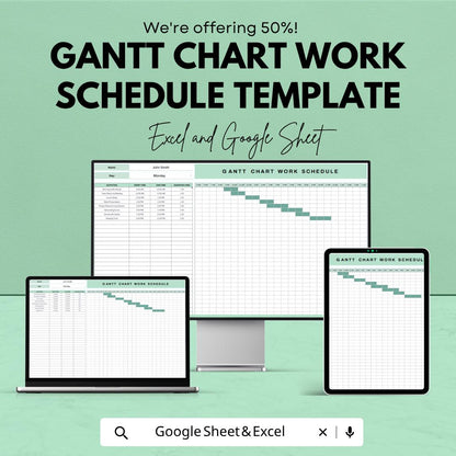 Gantt Chart Work Schedule Template | Project Planner | Task Timeline Tracker | Excel & Google Sheets