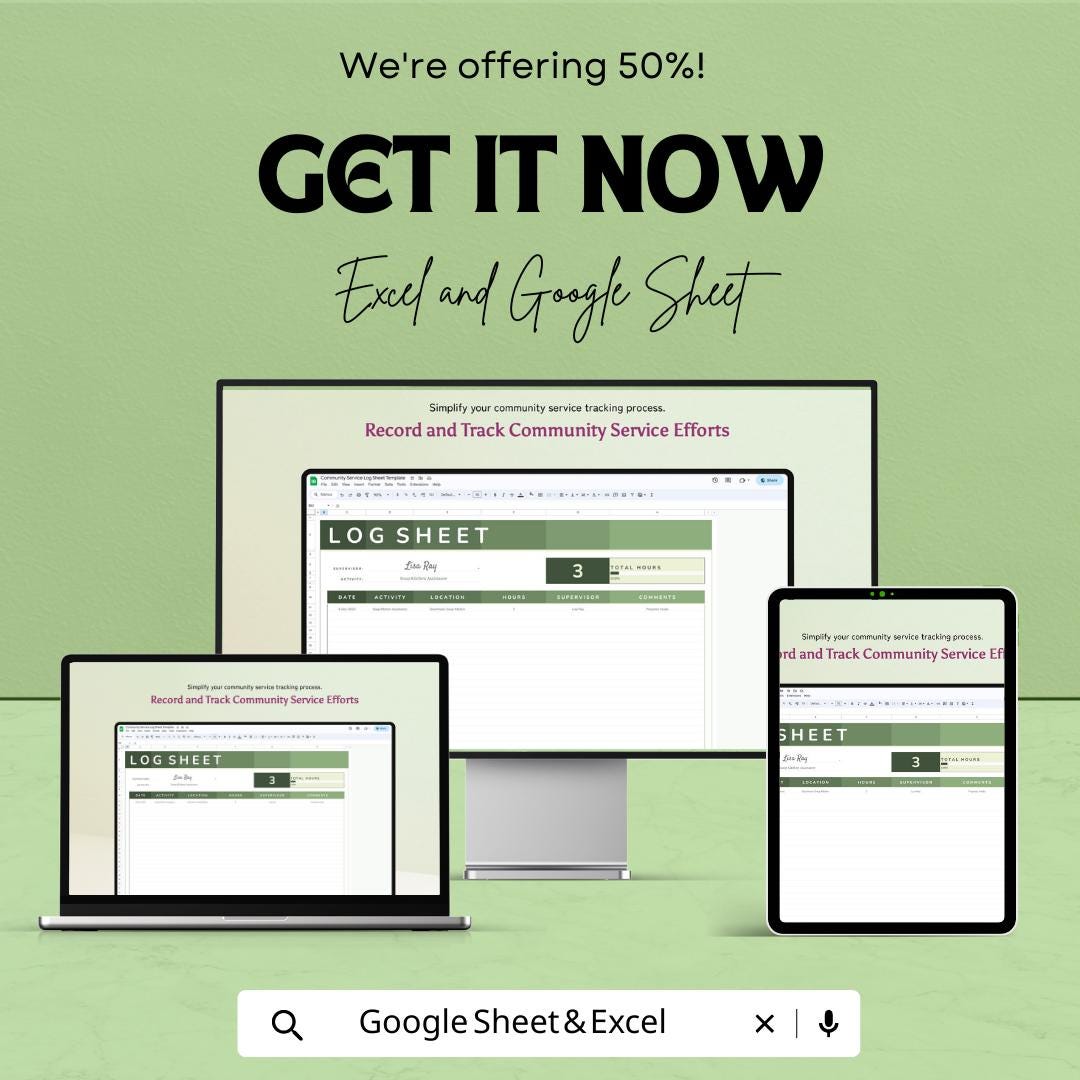 Community Service Log Sheet Template, Volunteer Hours Tracker, Service Hours Form, Editable Excel Google Sheets, Printable Community Log