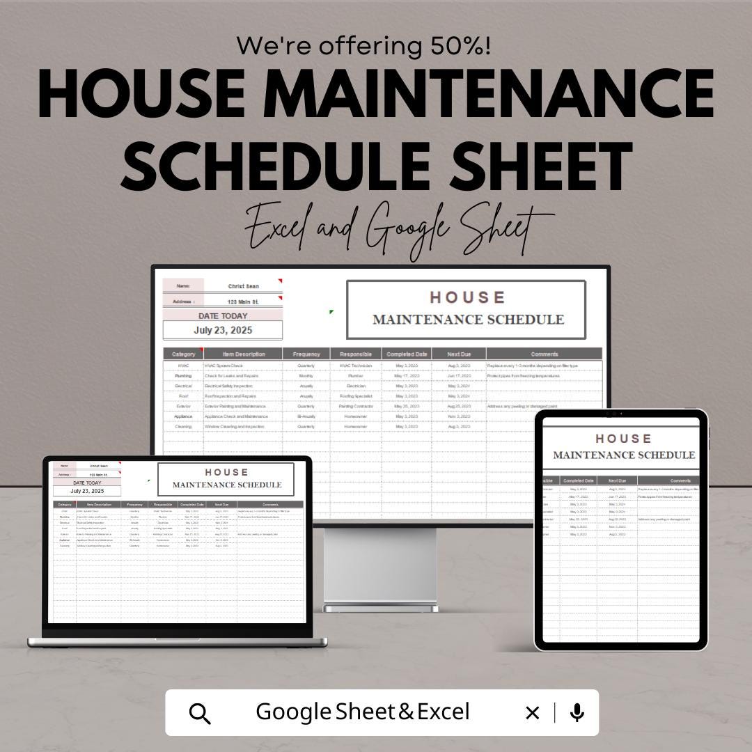 House Maintenance Schedule Sheet | Excel & Google Sheets | Home Upkeep, Task Organizer, Maintenance Planner