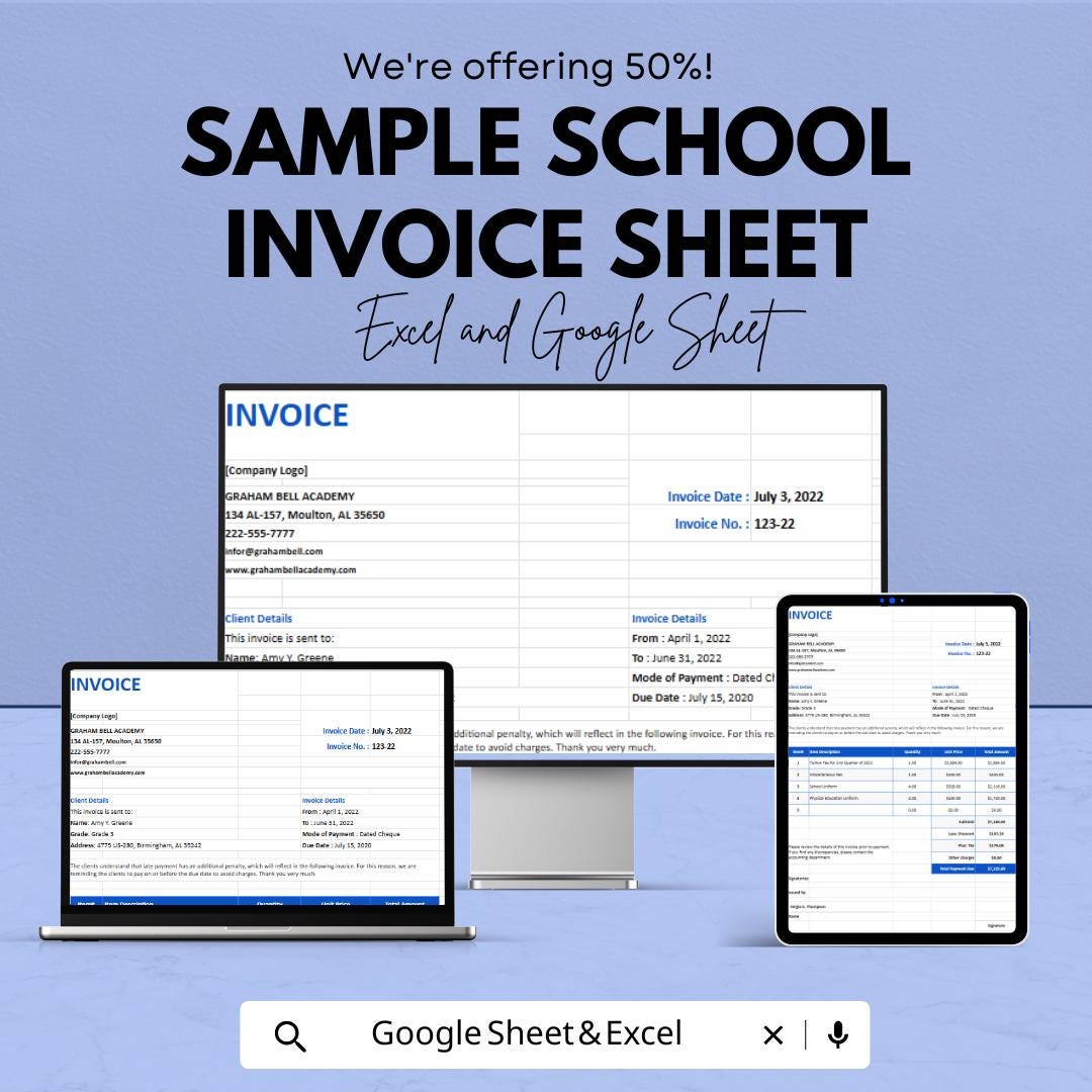 Sample School Invoice Sheet - Excel & Google Sheets Template | Customizable Invoice for Schools | Easy Payment Management