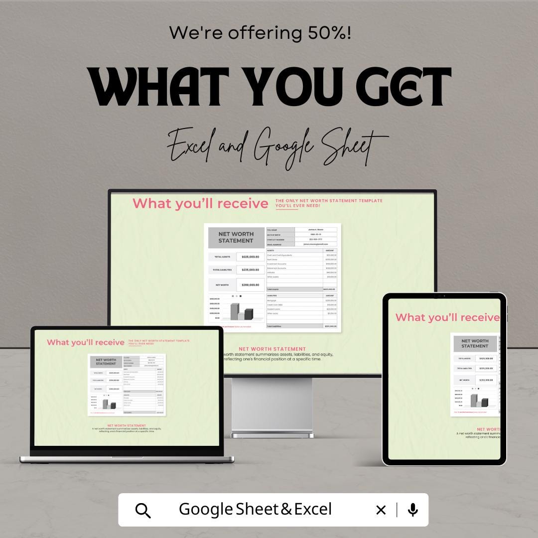 Net Worth Statement Template | Excel and Google Sheets | Personal Finance Tracker, Asset & Liability Calculator, Budget Planner