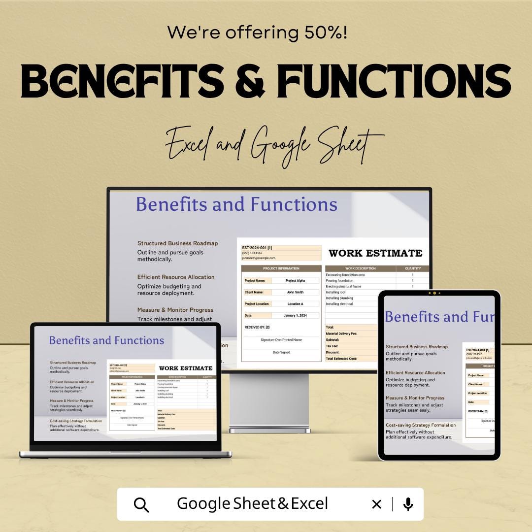 Work Estimate Template Excel Google Sheets | Construction Estimate Template | Job Costing Spreadsheet | Editable Business Estimate Invoice