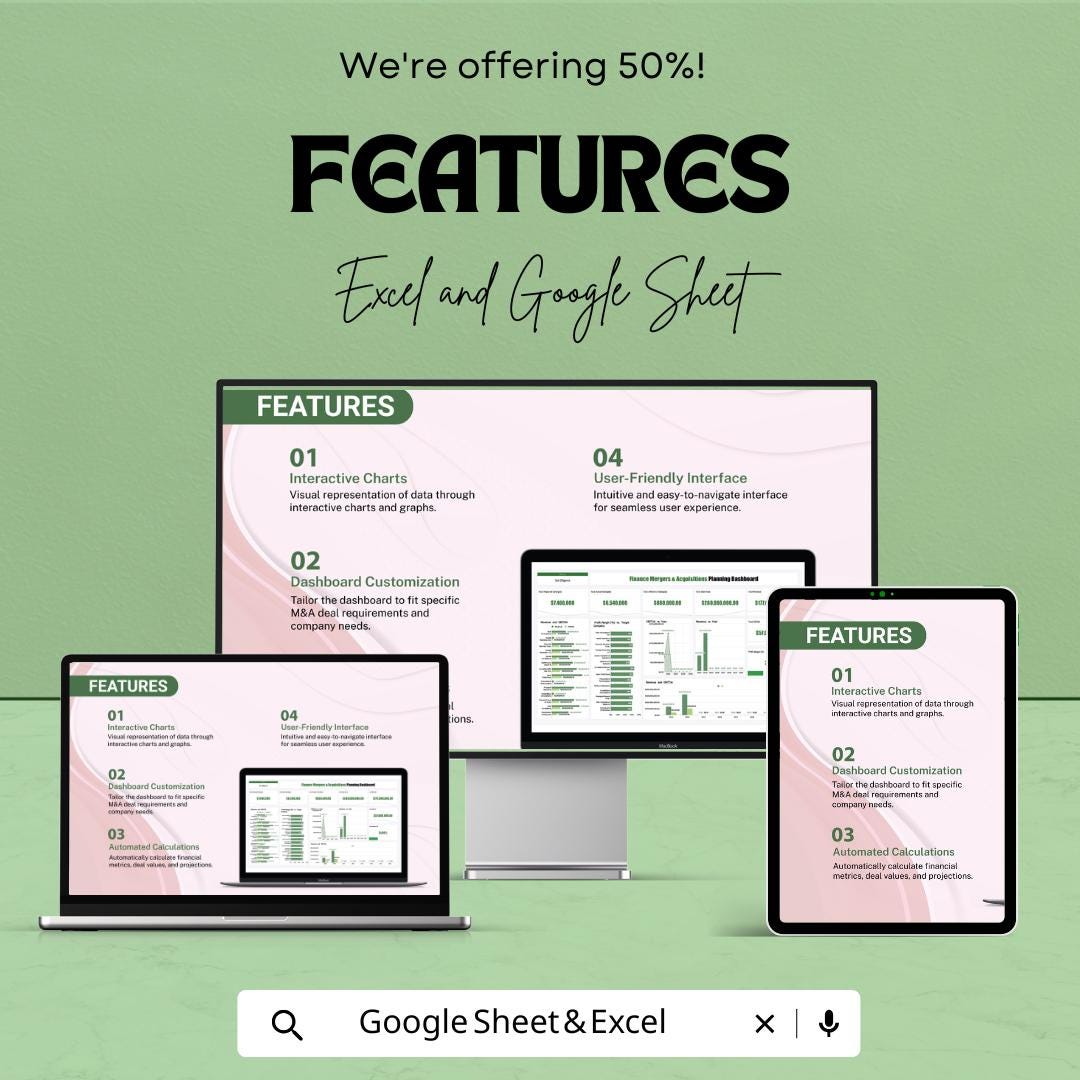 Mergers and Acquisitions Finance Planning Dashboard - Excel and Google Sheets Template for M&A Analysis and Strategy