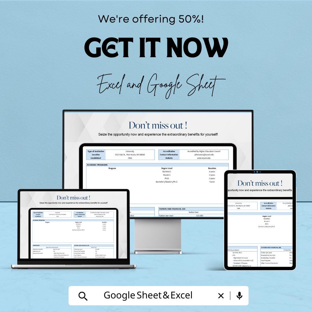 Education Fact Sheet | University Information Template | Program, Tuition and Accreditation | Excel & Google Sheets