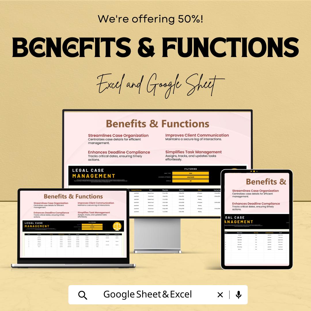 Law Firm Case Management Spreadsheet, Legal Case Tracker, Attorney Case Log, Client & Court Tracking, Law Office Organizer