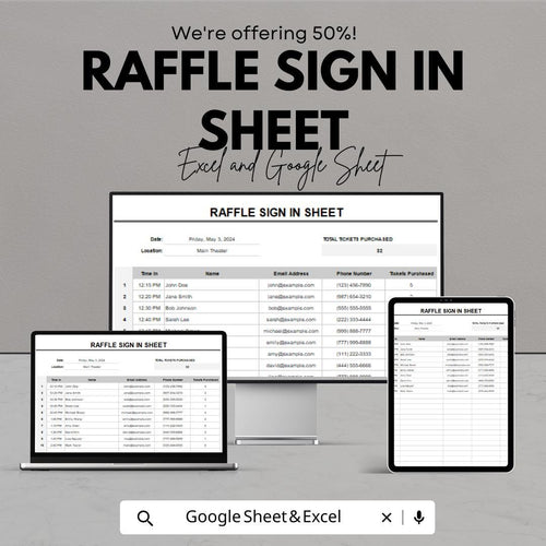 Raffle Sign in Sheet | Excel & Google Sheet Template | Event Registration | Ticket Purchase Tracker | Customizable Sign-Up Form