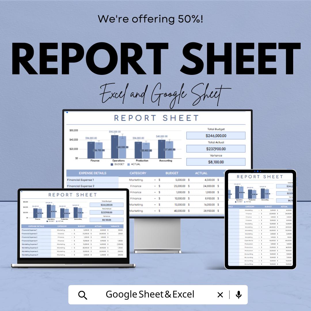 Report Sheet Template | Excel and Google Sheets | Budget Tracker & Financial Reporting | Track Expenses and Budgeting