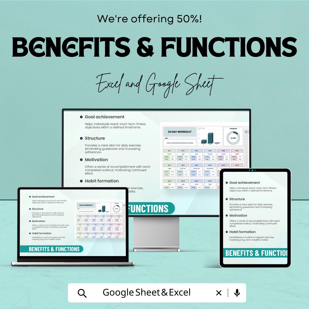 30 Day Workout Template | Fitness Tracker Spreadsheet | Gym Workout Planner | Exercise Log | Digital Fitness Planner | Workout Tracker