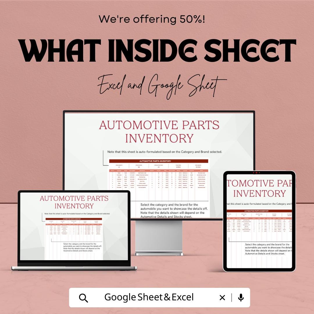 Automotive Parts Inventory Template | Auto Parts Stock Tracker | Car Parts Inventory Spreadsheet | Excel & Google Sheets