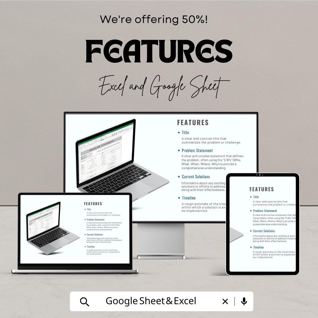 Problem Statement Sheet Template | Google Sheets | Project Planning & Analysis Tool | Editable Download | Business and Academic Use