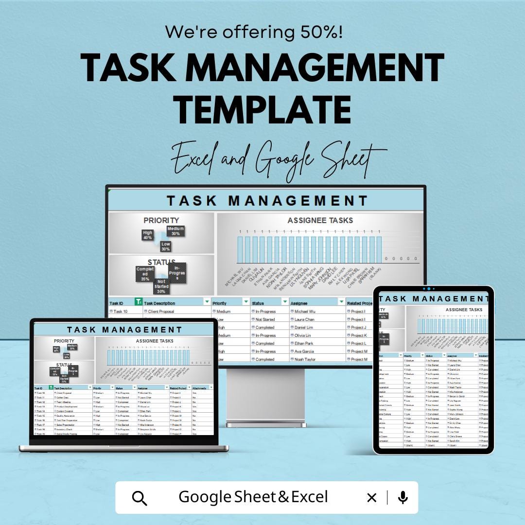 Task Management Template | Team Assignment Planner | Task Status Dashboard | Work Management Spreadsheet