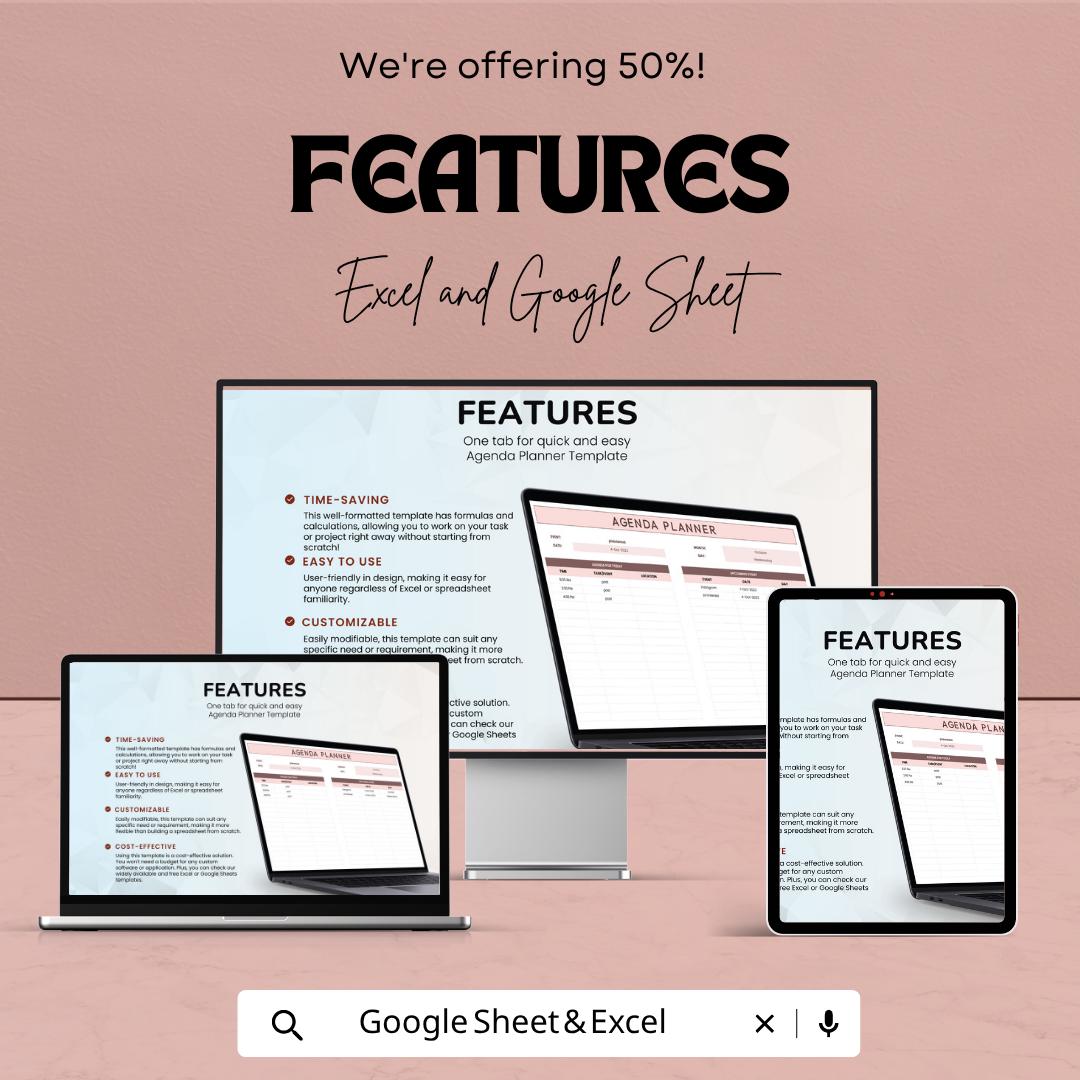 Agenda Planner Template | Daily Planner Spreadsheet | Event Planner | Google Sheets & Excel | Task Organizer | Schedule Planner