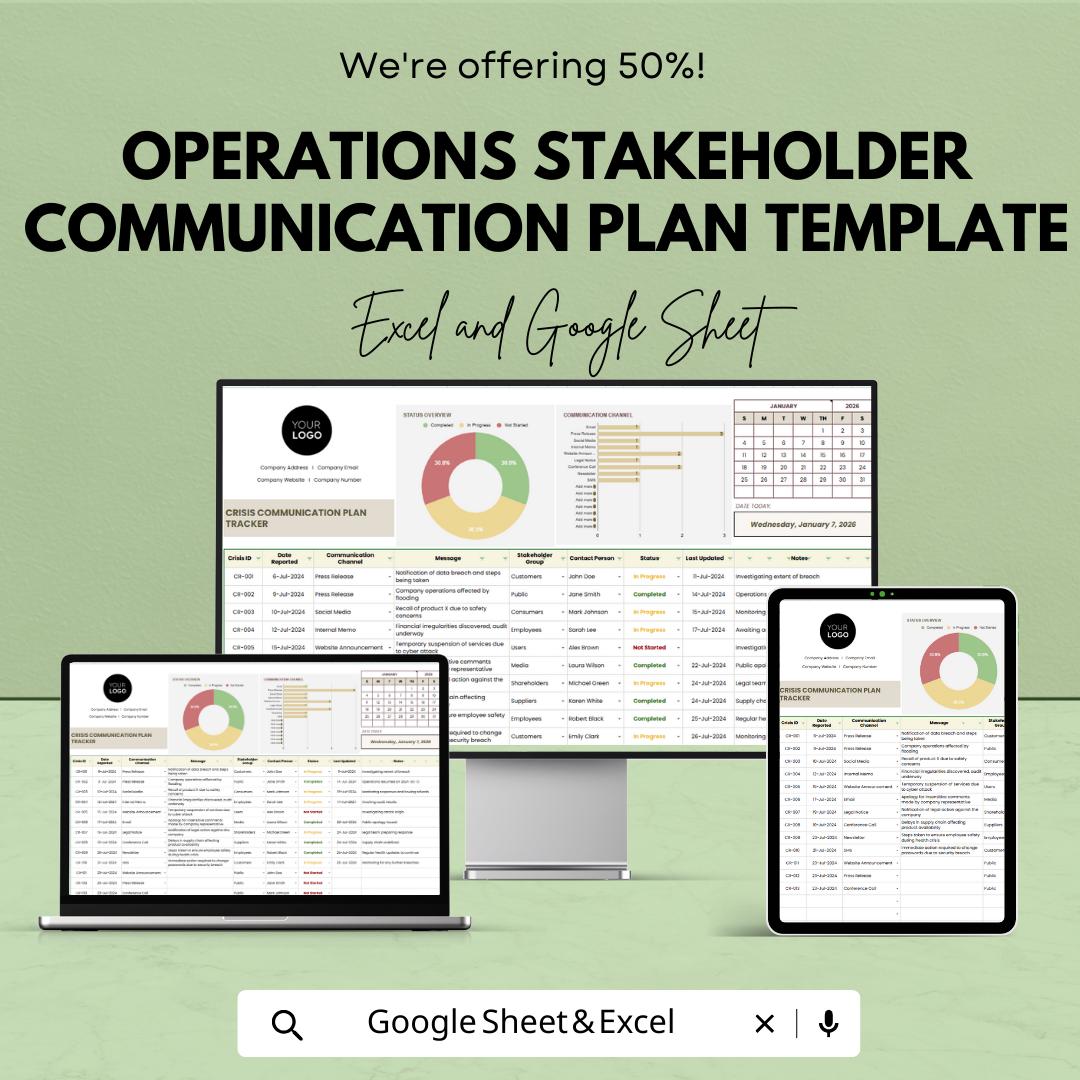 Operations Stakeholder Communication Plan Template | Project Communication Tracker | Excel & Google Sheets