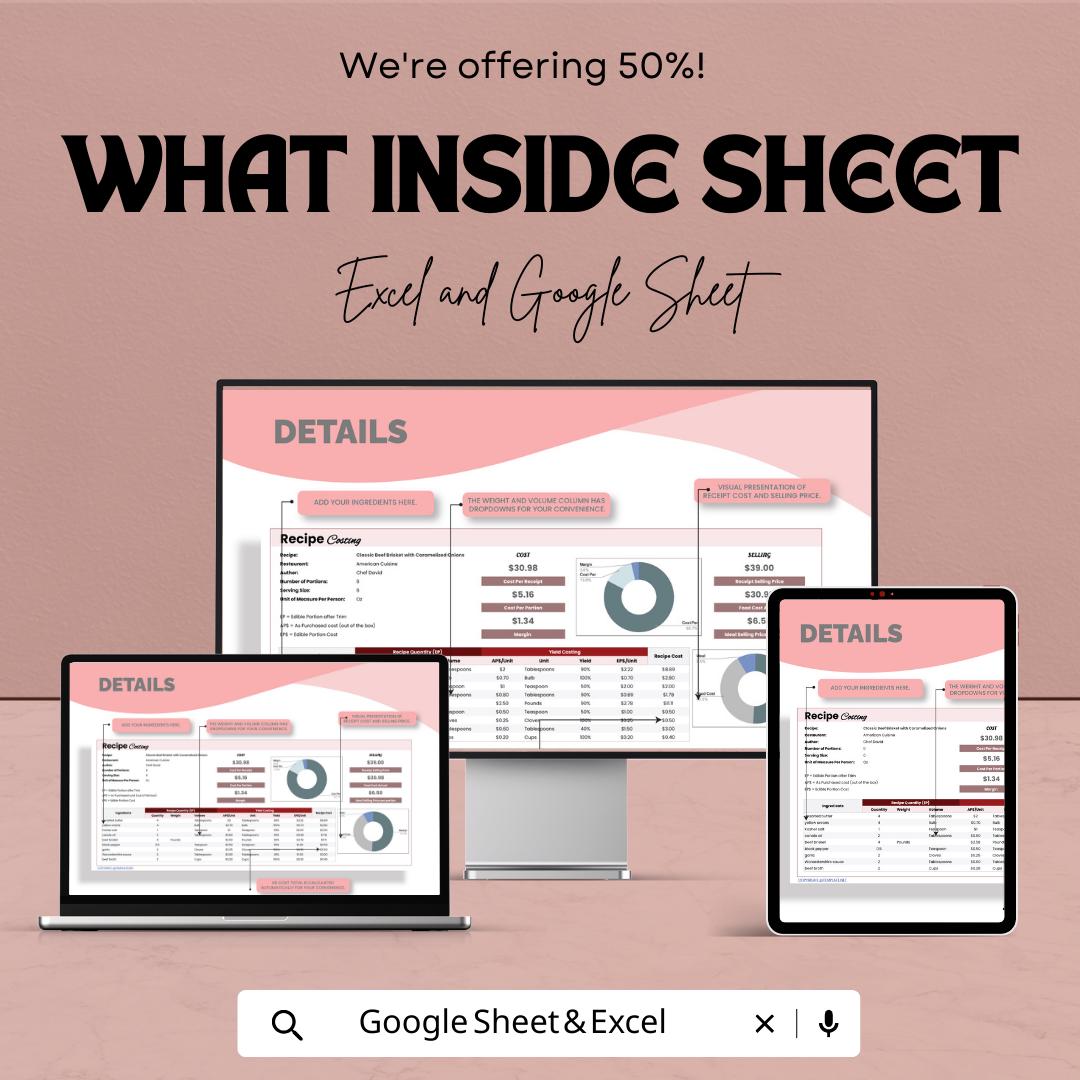 Food Cost Template | Recipe Cost Calculator Spreadsheet | Menu Pricing Tool | Excel & Google Sheets