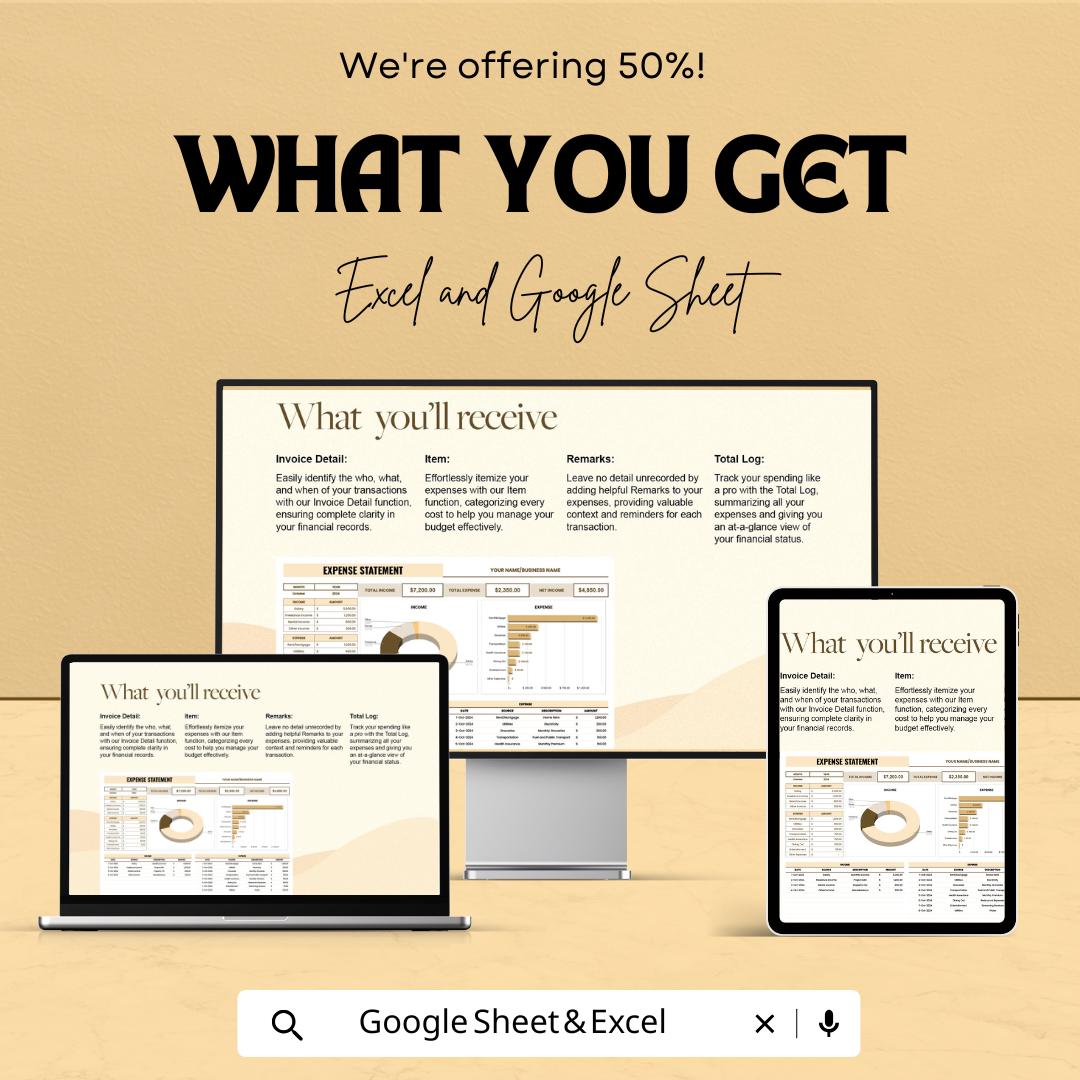 Expense Statement Sheet for Business and Personal Use – Google Sheet and Excel Template for Income & Expense Management – 50% OFF