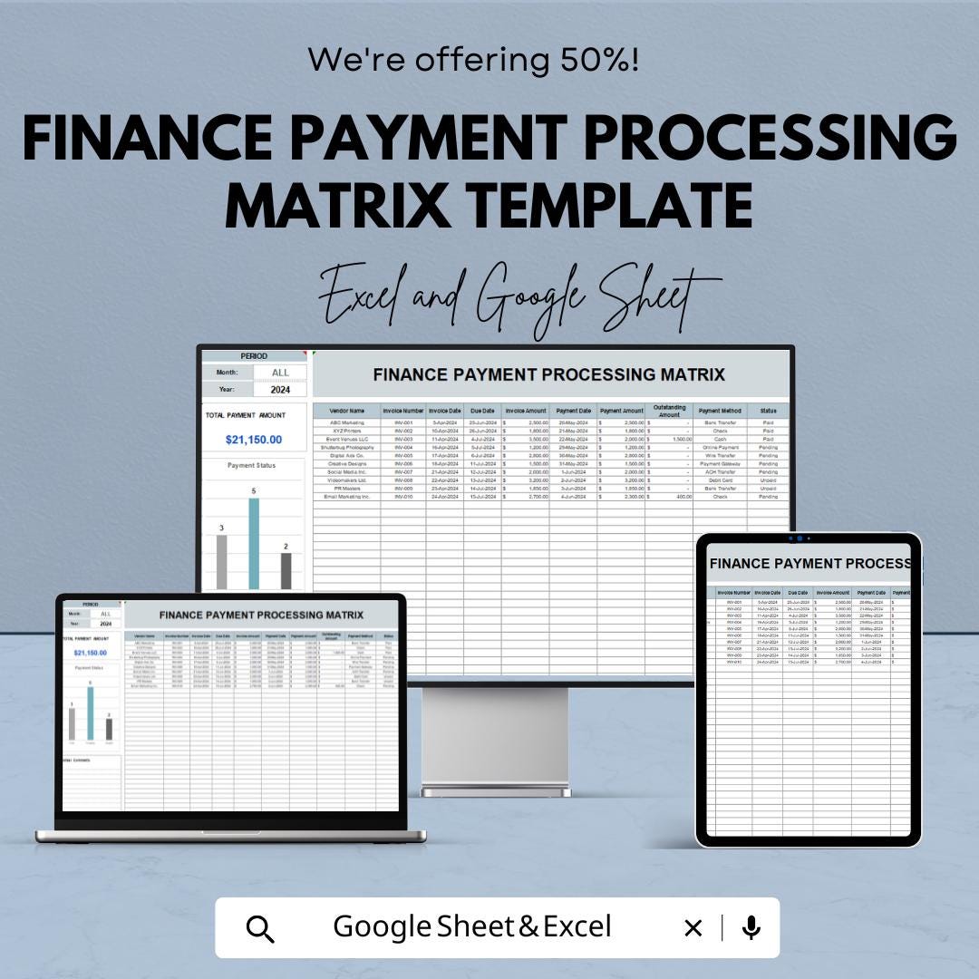 Finance Payment Processing Matrix Template | Payment Log & Vendor Tracker | Transaction Management Sheet | Payment Status Tracker