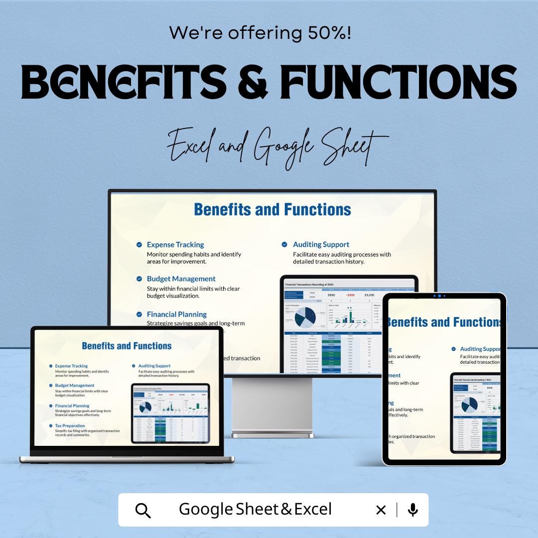 Financial Transactions Recording Template | Expense Tracker Spreadsheet | Budget Planner | Income Expense Log