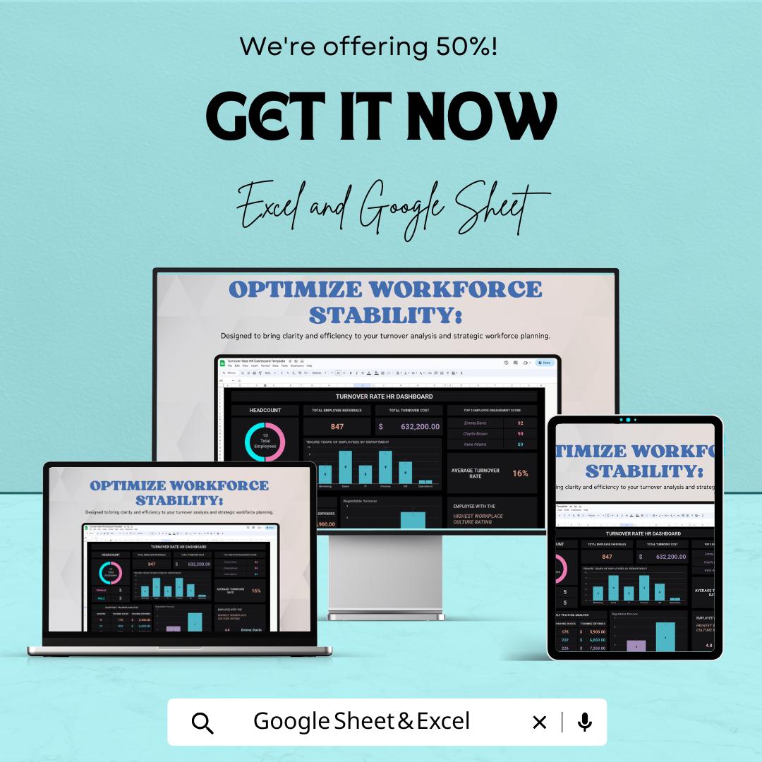 Turnover Rate HR Dashboard Sheet - Excel and Google Sheets Template for Employee Metrics & HR Analytics