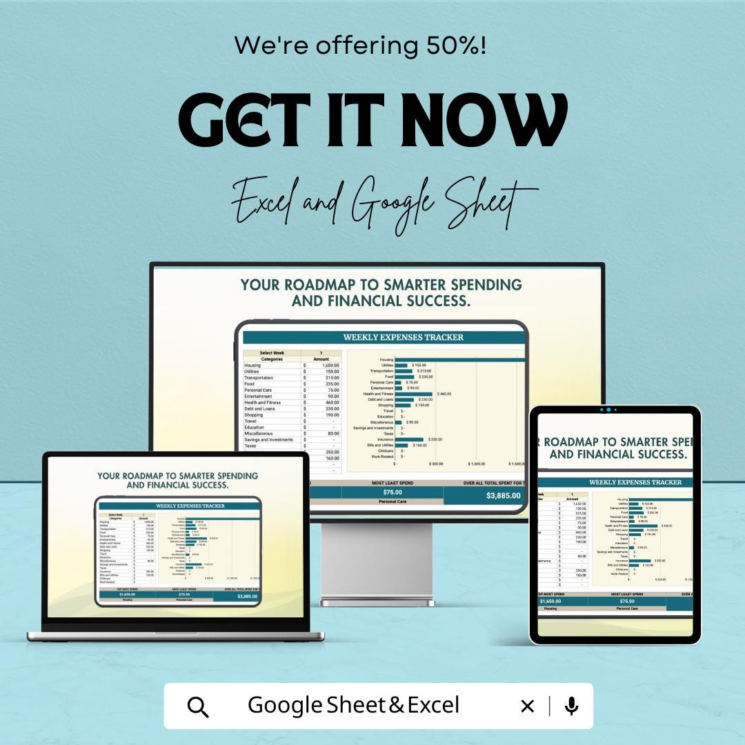 Weekly Expenses Tracker Template | Excel and Google Sheets Budget Planner | Weekly Budget Spreadsheet | Expense Tracking Dashboard